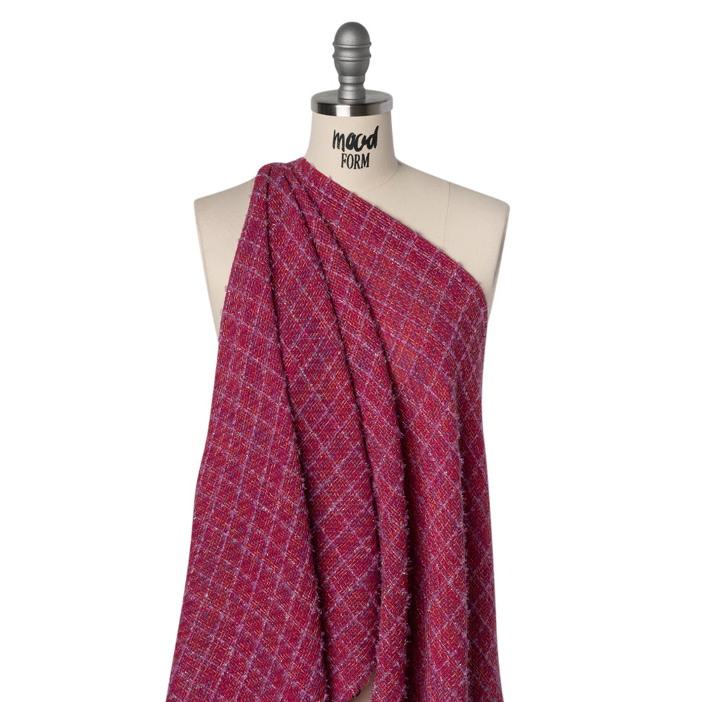 Metallic Wool Blend Tweed Woven with Eyelash Fringe Made in Italy - Pink, Orchid and Iridescent Checks - Deadstock - Drape Metallic Wool Blend Tweed Woven with Eyelash Fringe Made in Italy - Pink, Orchid and Iridescent Checks - Deadstock - Drape