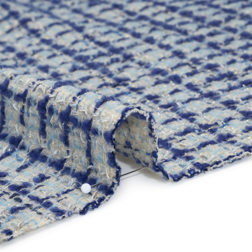 Metallic Wool Blend Tweed Boucle Made in Italy - Pale Gray, Cobalt and Sky Blue Plaid - Deadstock - Detail Metallic Wool Blend Tweed Boucle Made in Italy - Pale Gray, Cobalt and Sky Blue Plaid - Deadstock - Detail