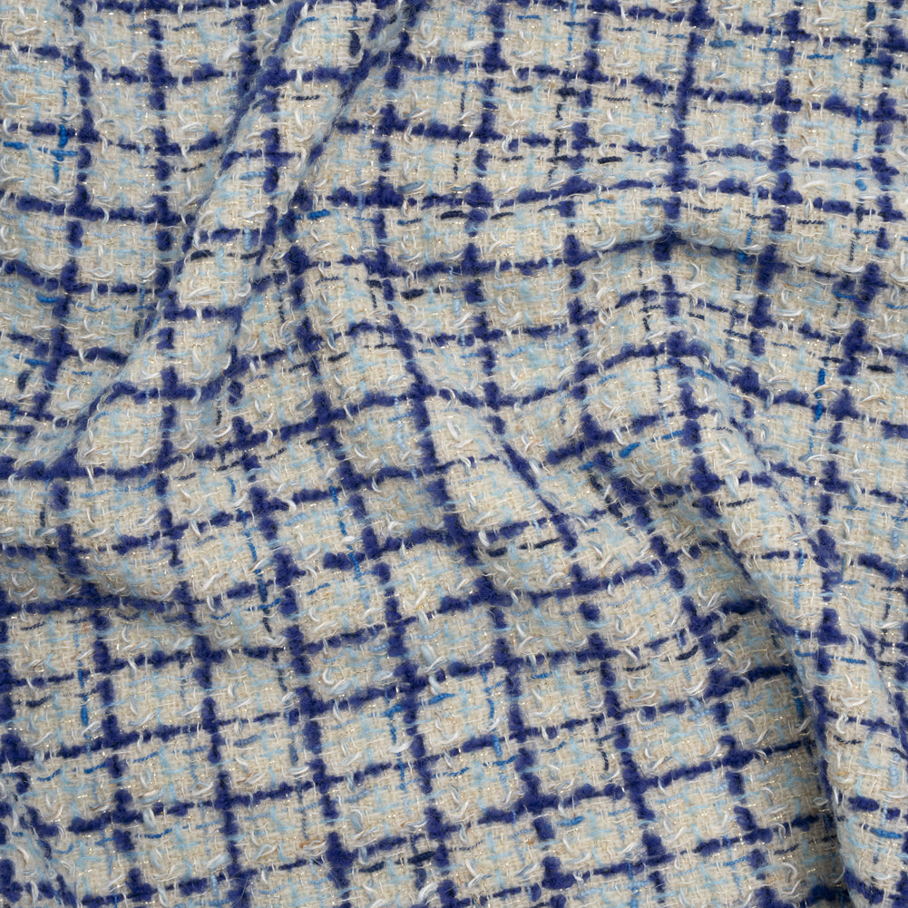 Metallic Wool Blend Tweed Boucle Made in Italy - Pale Gray, Cobalt and Sky Blue Plaid - Deadstock Metallic Wool Blend Tweed Boucle Made in Italy - Pale Gray, Cobalt and Sky Blue Plaid - Deadstock