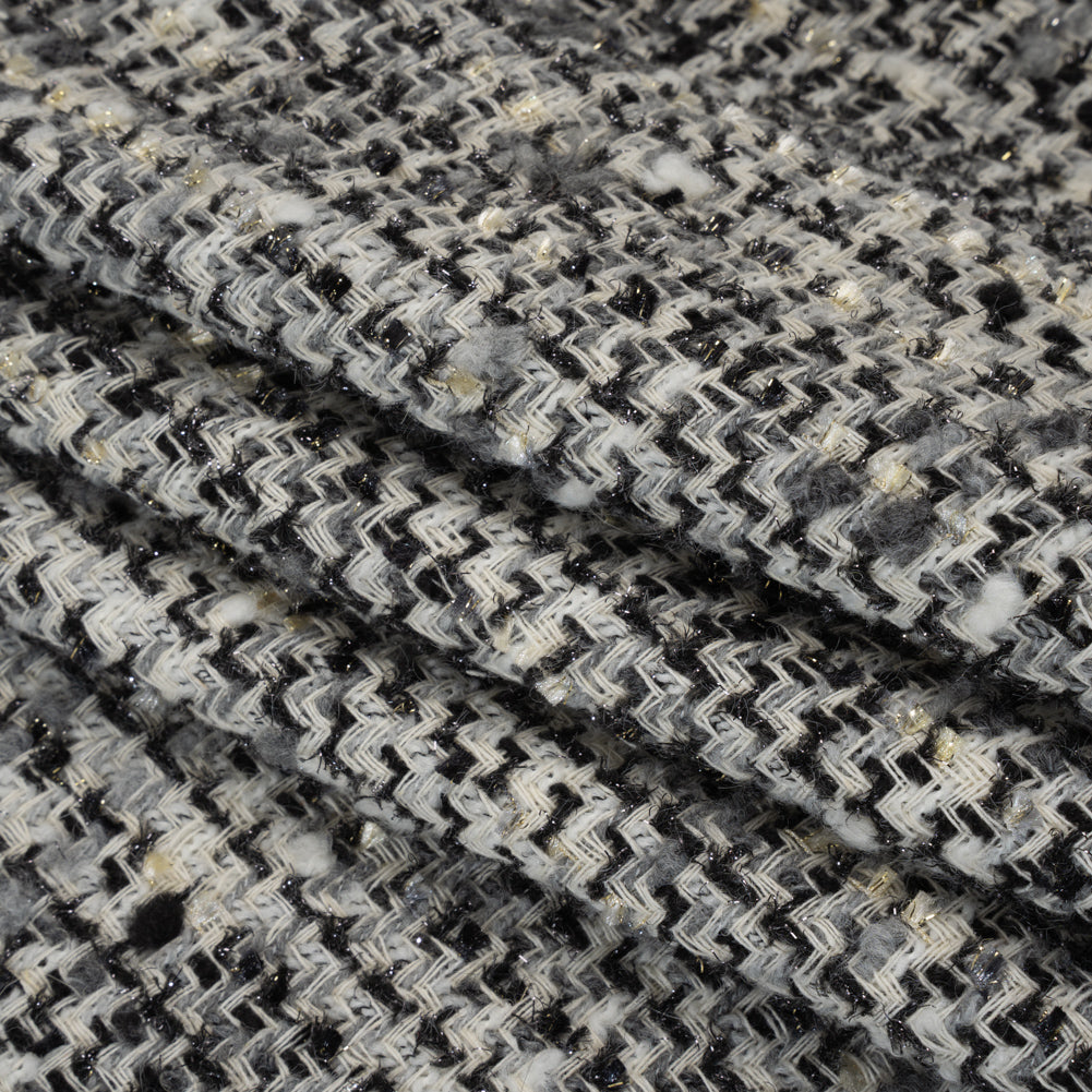 Wool Blend Boucle Tweed with Metallic Eyelash Fringe Made in Italy - Black, White and Gray Plaid - Deadstock - Folded Wool Blend Boucle Tweed with Metallic Eyelash Fringe Made in Italy - Black, White and Gray Plaid - Deadstock - Folded