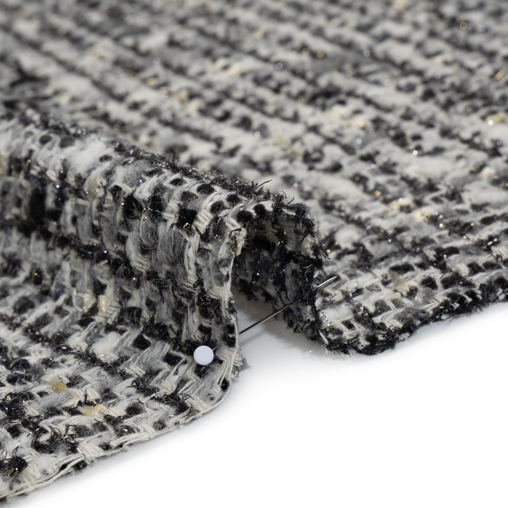 Wool Blend Boucle Tweed with Metallic Eyelash Fringe Made in Italy - Black, White and Gray Plaid - Deadstock - Detail Wool Blend Boucle Tweed with Metallic Eyelash Fringe Made in Italy - Black, White and Gray Plaid - Deadstock - Detail