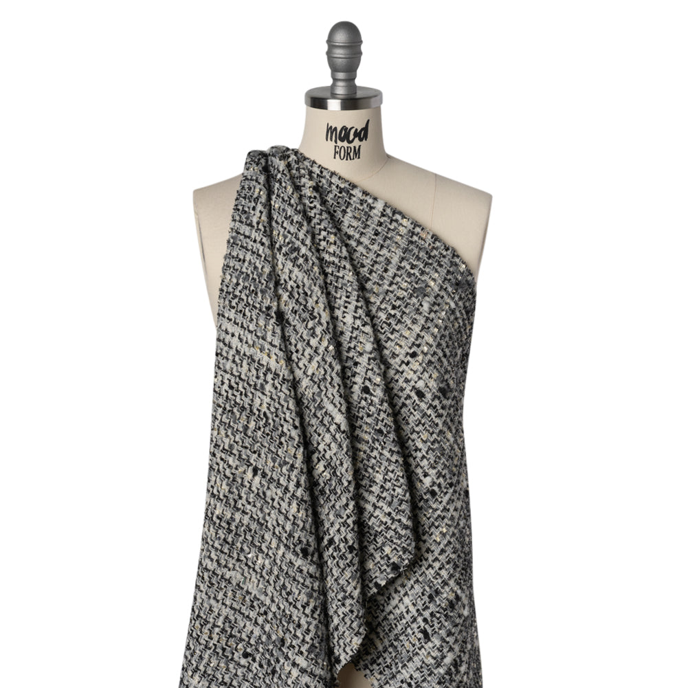 Wool Blend Boucle Tweed with Metallic Eyelash Fringe Made in Italy - Black, White and Gray Plaid - Deadstock - Drape Wool Blend Boucle Tweed with Metallic Eyelash Fringe Made in Italy - Black, White and Gray Plaid - Deadstock - Drape