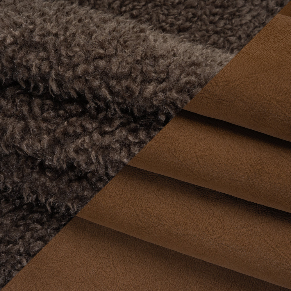 Recycled Polyester Faux Shearling with Antiqued Leather Backing - Dark Brown Folded Recycled Polyester Faux Shearling with Antiqued Leather Backing - Dark Brown Folded
