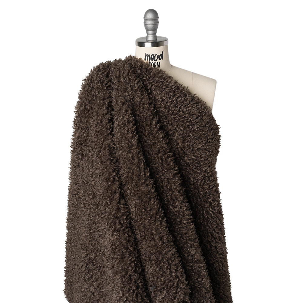 Recycled Polyester Faux Shearling with Antiqued Leather Backing - Dark Brown Drape Recycled Polyester Faux Shearling with Antiqued Leather Backing - Dark Brown Drape