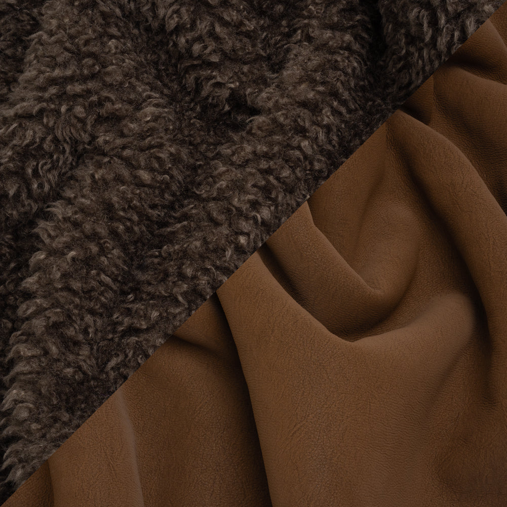 Recycled Polyester Faux Shearling with Antiqued Leather Backing - Dark Brown Recycled Polyester Faux Shearling with Antiqued Leather Backing - Dark Brown
