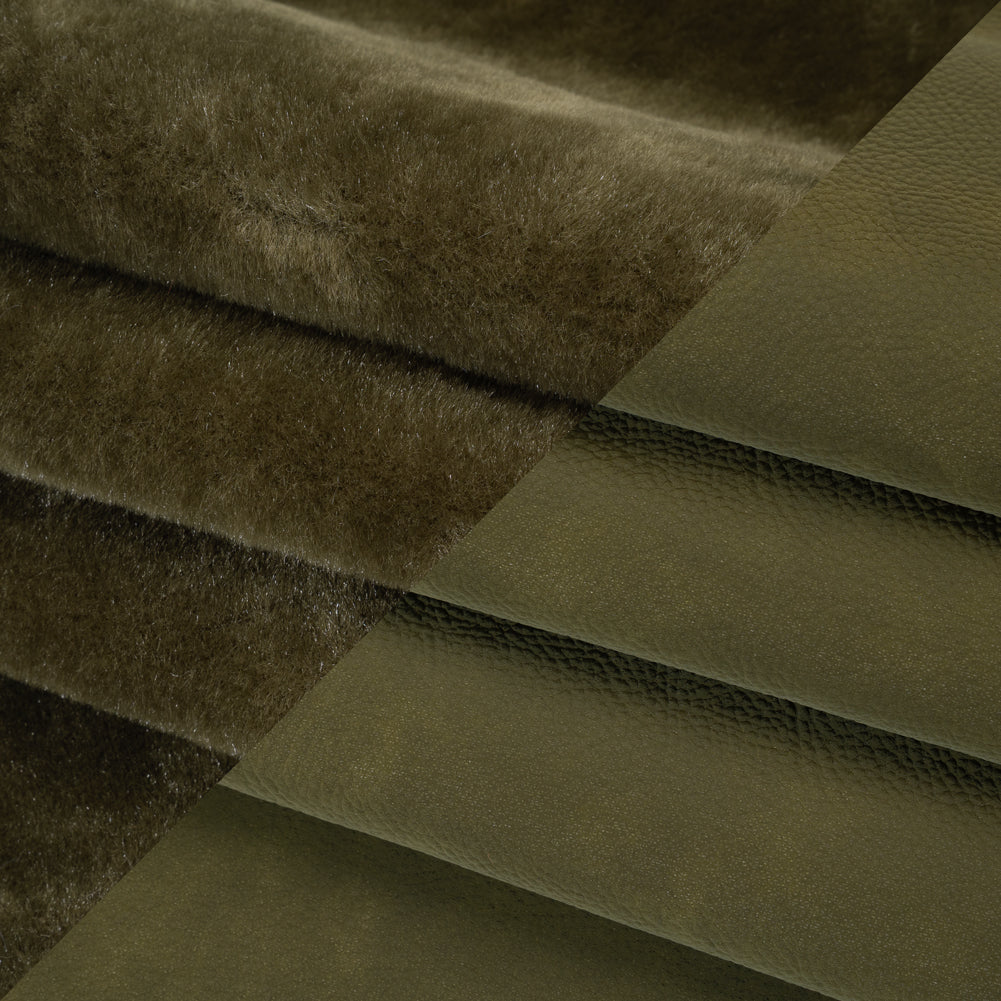 Recycled Polyester Faux Fur with Pebbled Faux Leather Backing - Olive Folded Recycled Polyester Faux Fur with Pebbled Faux Leather Backing - Olive Folded