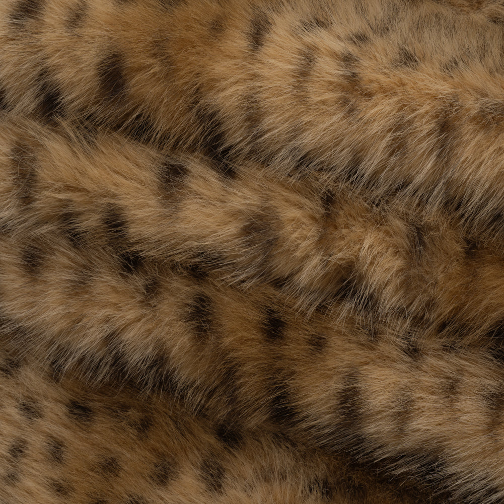 Fluffy Recycled Polyester Faux Fur - Warm Beige and Black Animal Spots Folded Fluffy Recycled Polyester Faux Fur - Warm Beige and Black Animal Spots Folded