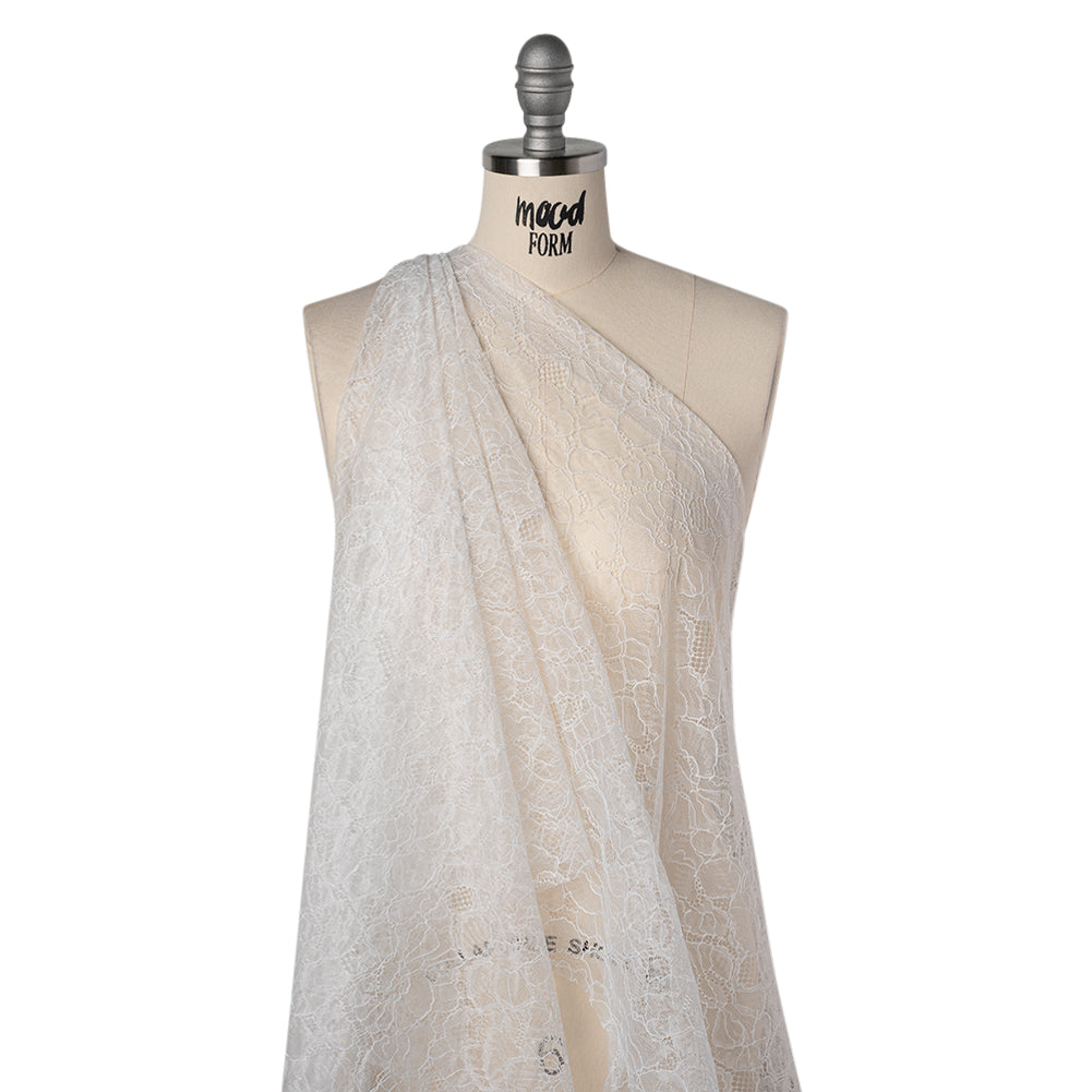 Chantilly Lace with Scalloped Borders - White All-Over Florals - Drape Chantilly Lace with Scalloped Borders - White All-Over Florals - Drape