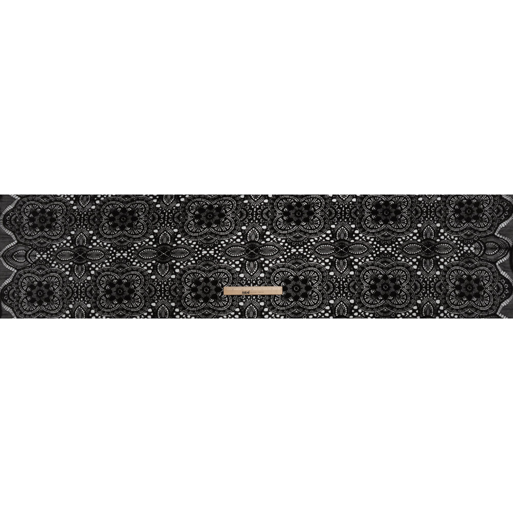 Cotton and Nylon Crochet Lace with Scalloped Border - Black Boho Flowers - Full Cotton and Nylon Crochet Lace with Scalloped Border - Black Boho Flowers - Full
