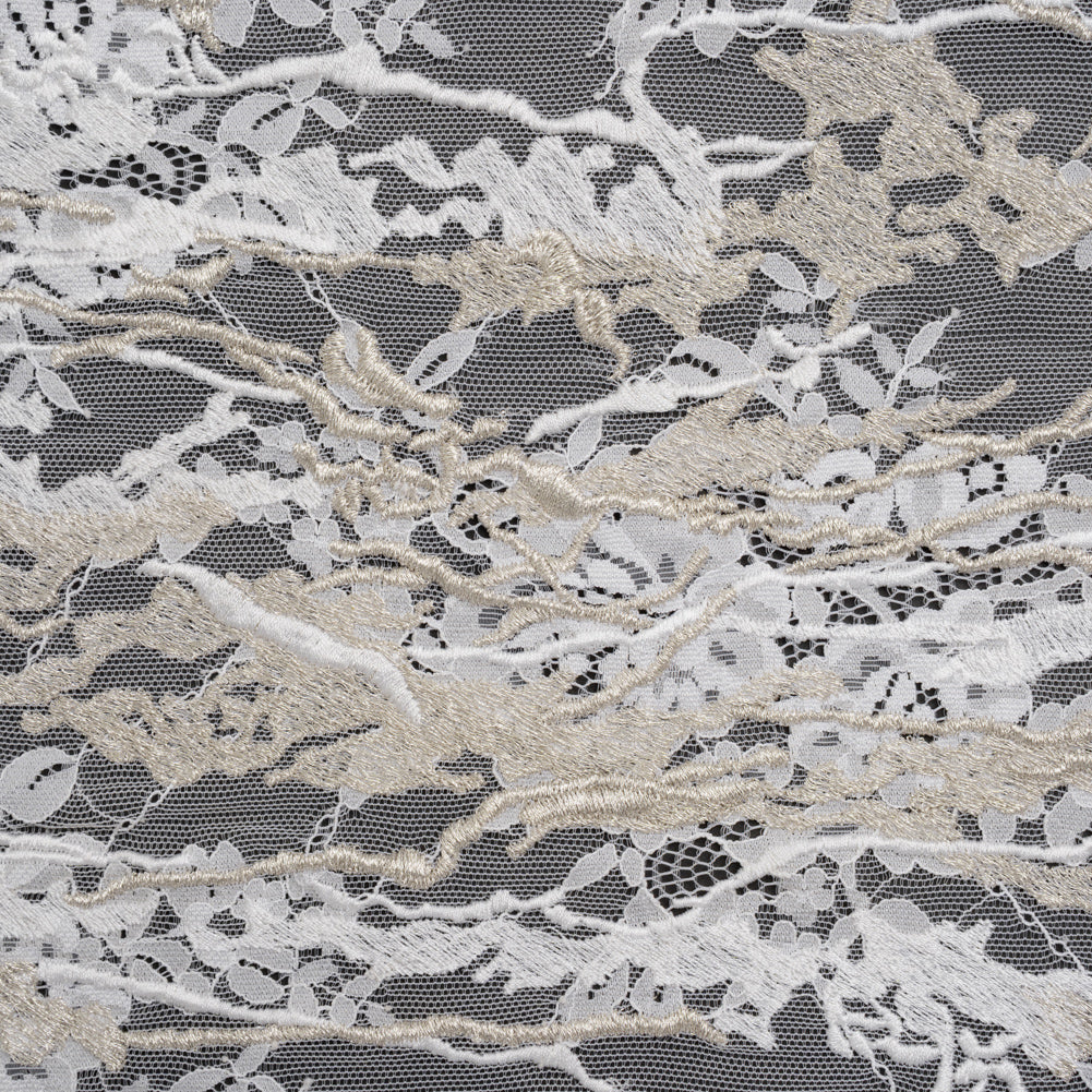 Metallic Embroidered Raschel Lace - Off White and Silver Floral and Waves with Scalloped Border Metallic Embroidered Raschel Lace - Off White and Silver Floral and Waves with Scalloped Border