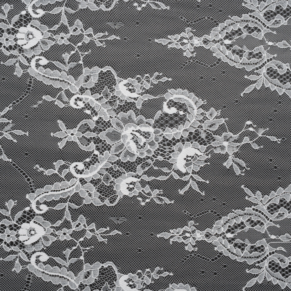 Nylon Re-Embroidered Lace - White Paisley Floral Swirl with Scalloped Borders Nylon Re-Embroidered Lace - White Paisley Floral Swirl with Scalloped Borders
