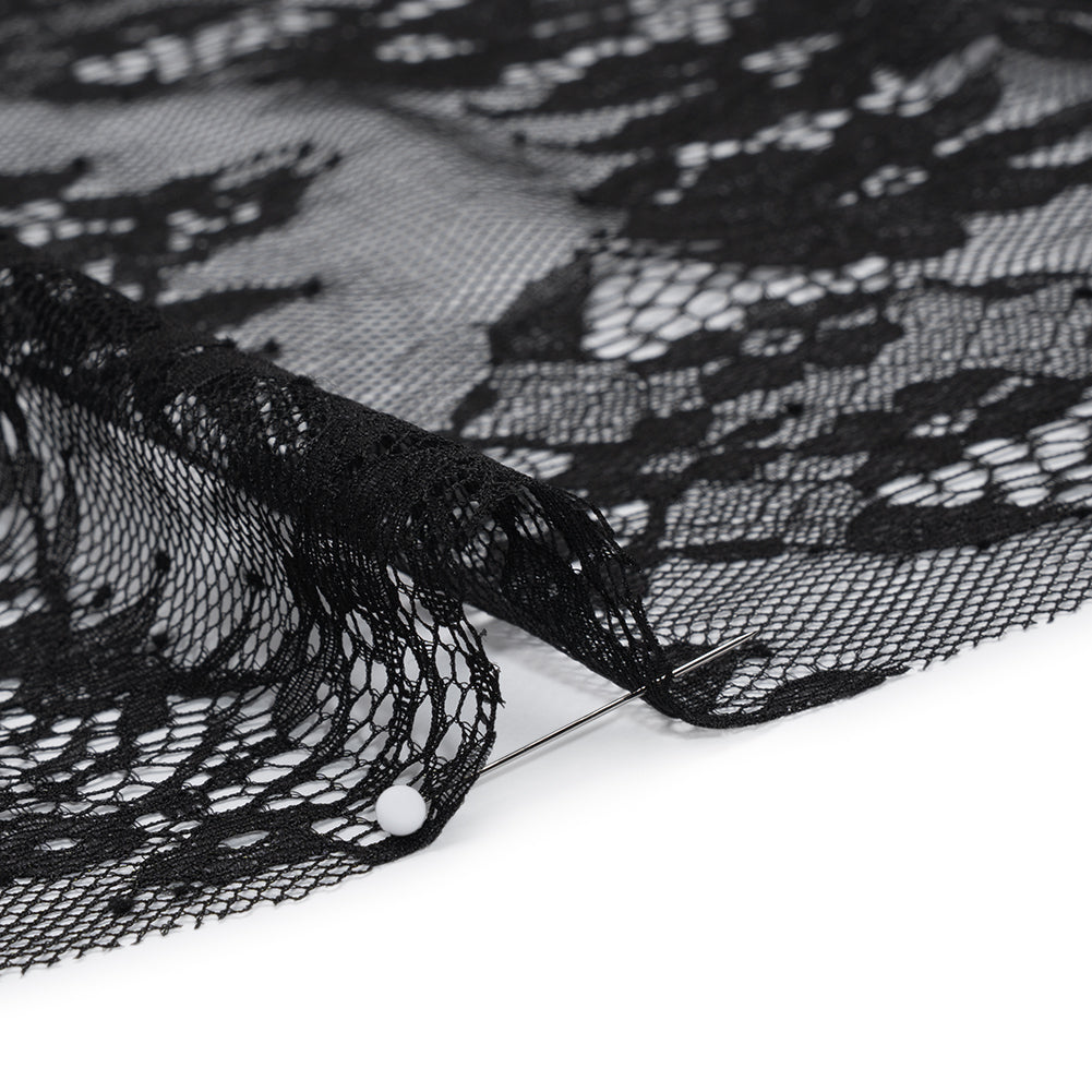 Chantilly Lace with Finished Scalloped Edges - Black Fancy Florals Detail Chantilly Lace with Finished Scalloped Edges - Black Fancy Florals Detail