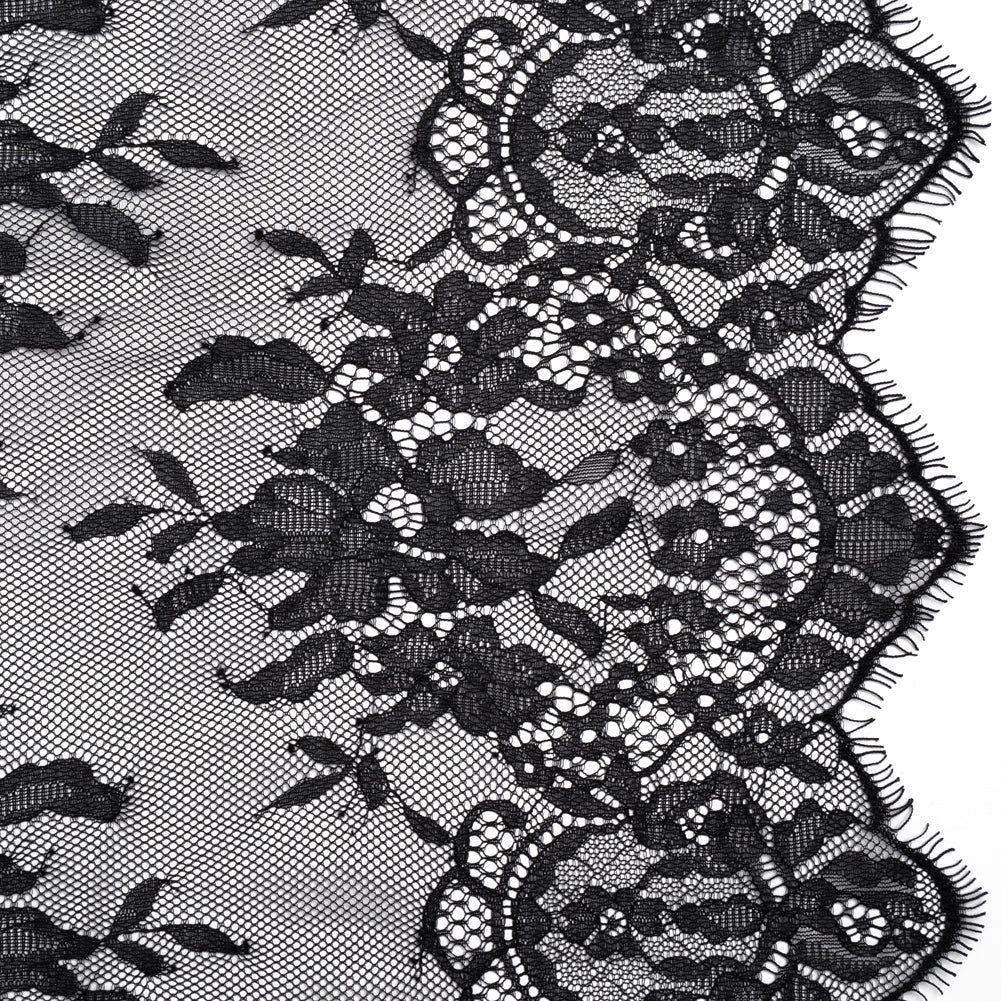 Chantilly Lace with Finished Scalloped Edges - Black Fancy Florals Chantilly Lace with Finished Scalloped Edges - Black Fancy Florals