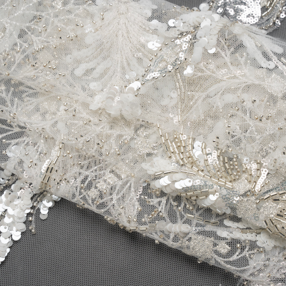 Embroidered Lace Tulle with Beads and Sequins - Off White and Silver Fancy Plants Folded Embroidered Lace Tulle with Beads and Sequins - Off White and Silver Fancy Plants Folded