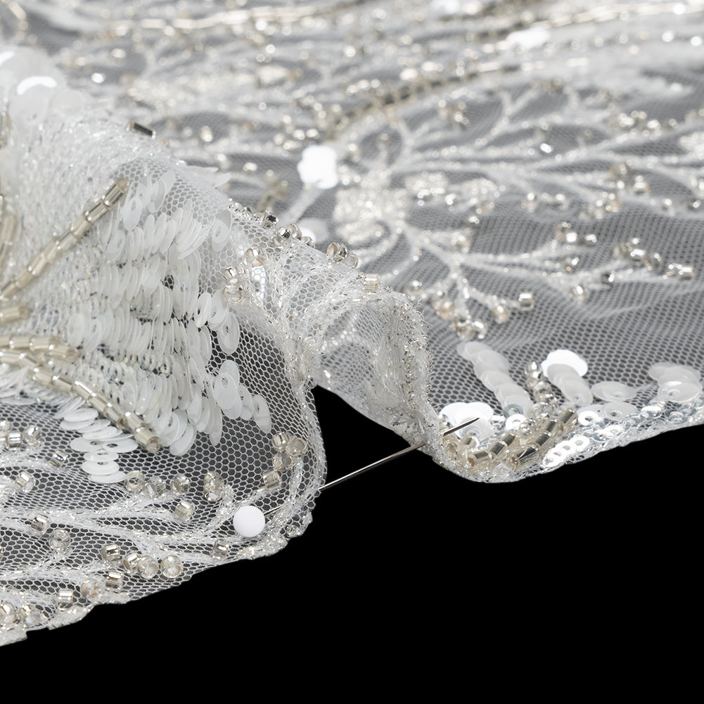 Embroidered Lace Tulle with Beads and Sequins - Off White and Silver Fancy Plants Detail Embroidered Lace Tulle with Beads and Sequins - Off White and Silver Fancy Plants Detail