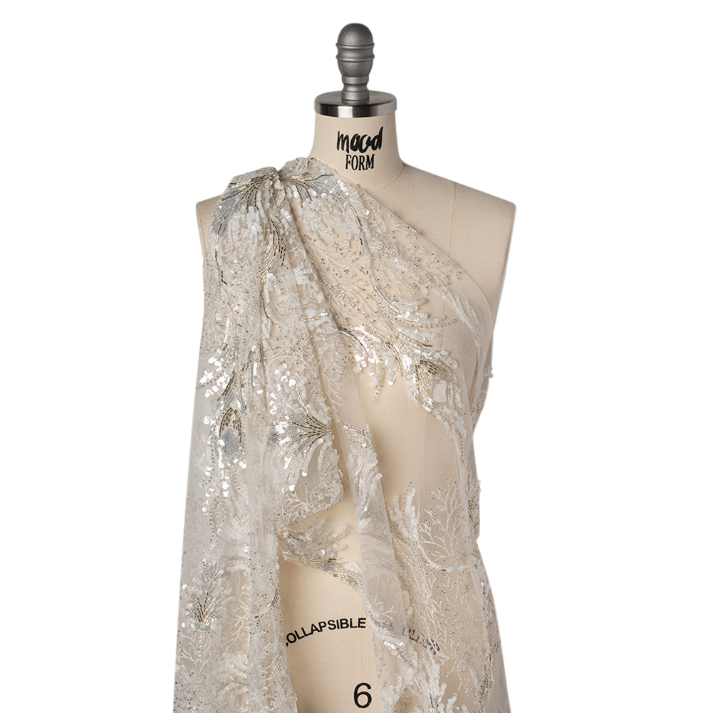 Embroidered Lace Tulle with Beads and Sequins - Off White and Silver Fancy Plants Drape Embroidered Lace Tulle with Beads and Sequins - Off White and Silver Fancy Plants Drape
