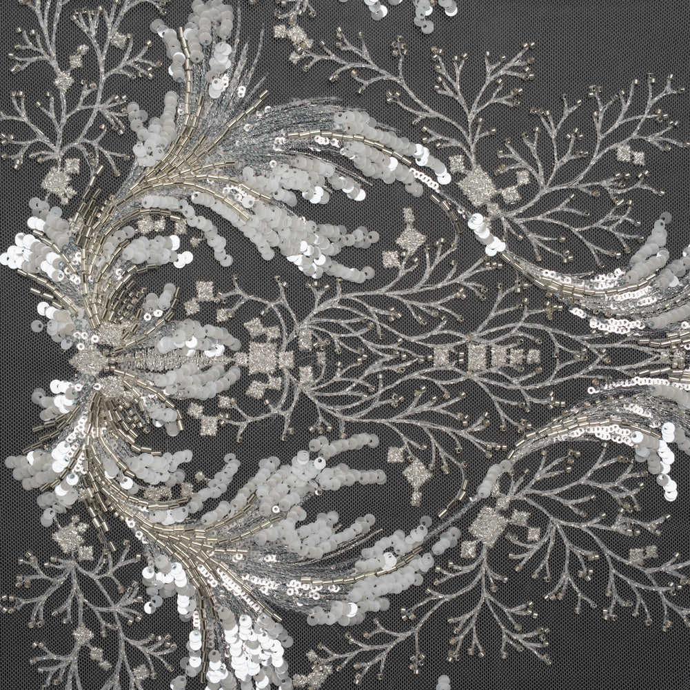 Embroidered Lace Tulle with Beads and Sequins - Off White and Silver Fancy Plants Embroidered Lace Tulle with Beads and Sequins - Off White and Silver Fancy Plants
