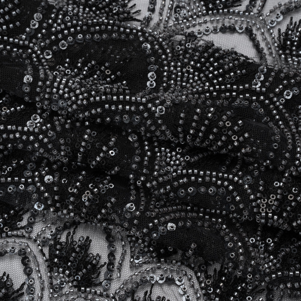 Embroidered and Beaded Lace Tulle with Sequins - Black and Gunmetal Gradient Size Scales Folded Embroidered and Beaded Lace Tulle with Sequins - Black and Gunmetal Gradient Size Scales Folded