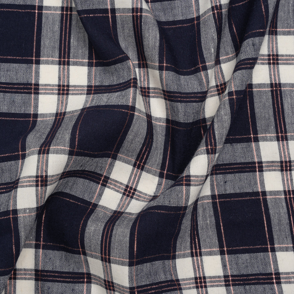 Metallic Stretch Linen and Rayon Woven - White, Navy Blue and Rose Gold Plaid Metallic Stretch Linen and Rayon Woven - White, Navy Blue and Rose Gold Plaid