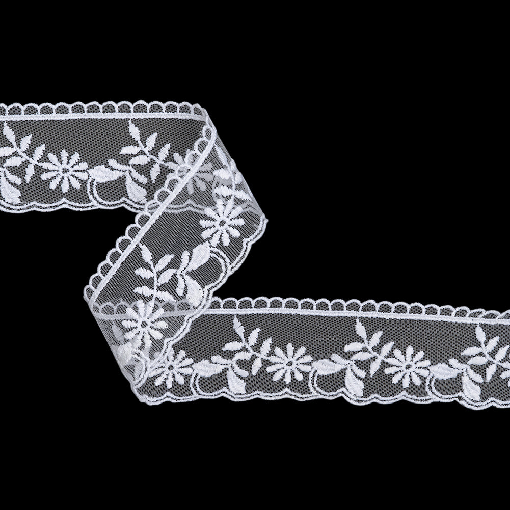 Embroidered Lace Tulle Trim with Scalloped Edges - 2" - White Daisy Stems Embroidered Lace Tulle Trim with Scalloped Edges - 2" - White Daisy Stems