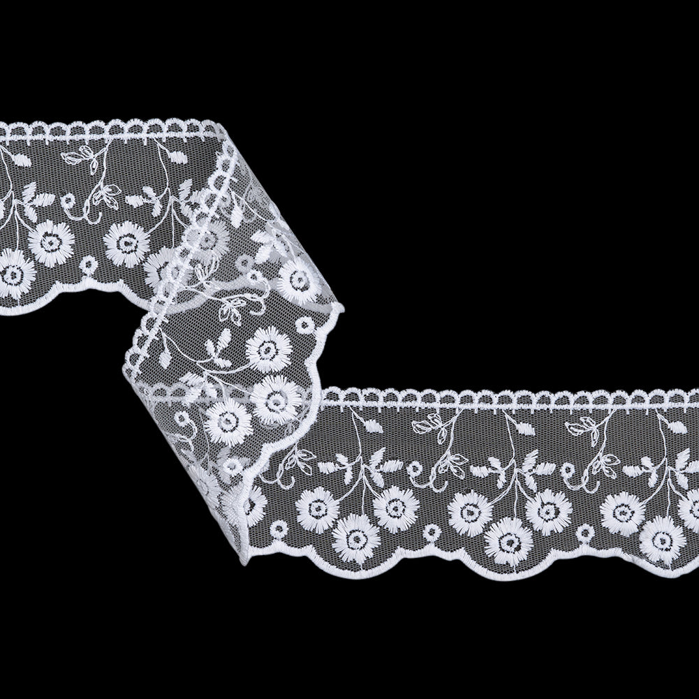 Embroidered Lace Tulle Trim with Scalloped Edges - 2.625" - White Sunflower Bunches Embroidered Lace Tulle Trim with Scalloped Edges - 2.625" - White Sunflower Bunches