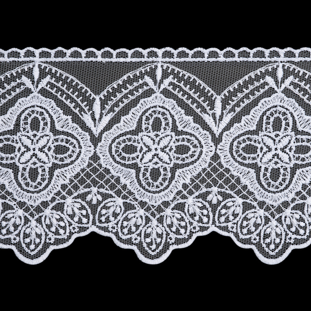 Embroidered Lace Tulle Trim with Scalloped Edges - 3.875" - White Quatrefoil Floral - Folded Embroidered Lace Tulle Trim with Scalloped Edges - 3.875" - White Quatrefoil Floral - Folded