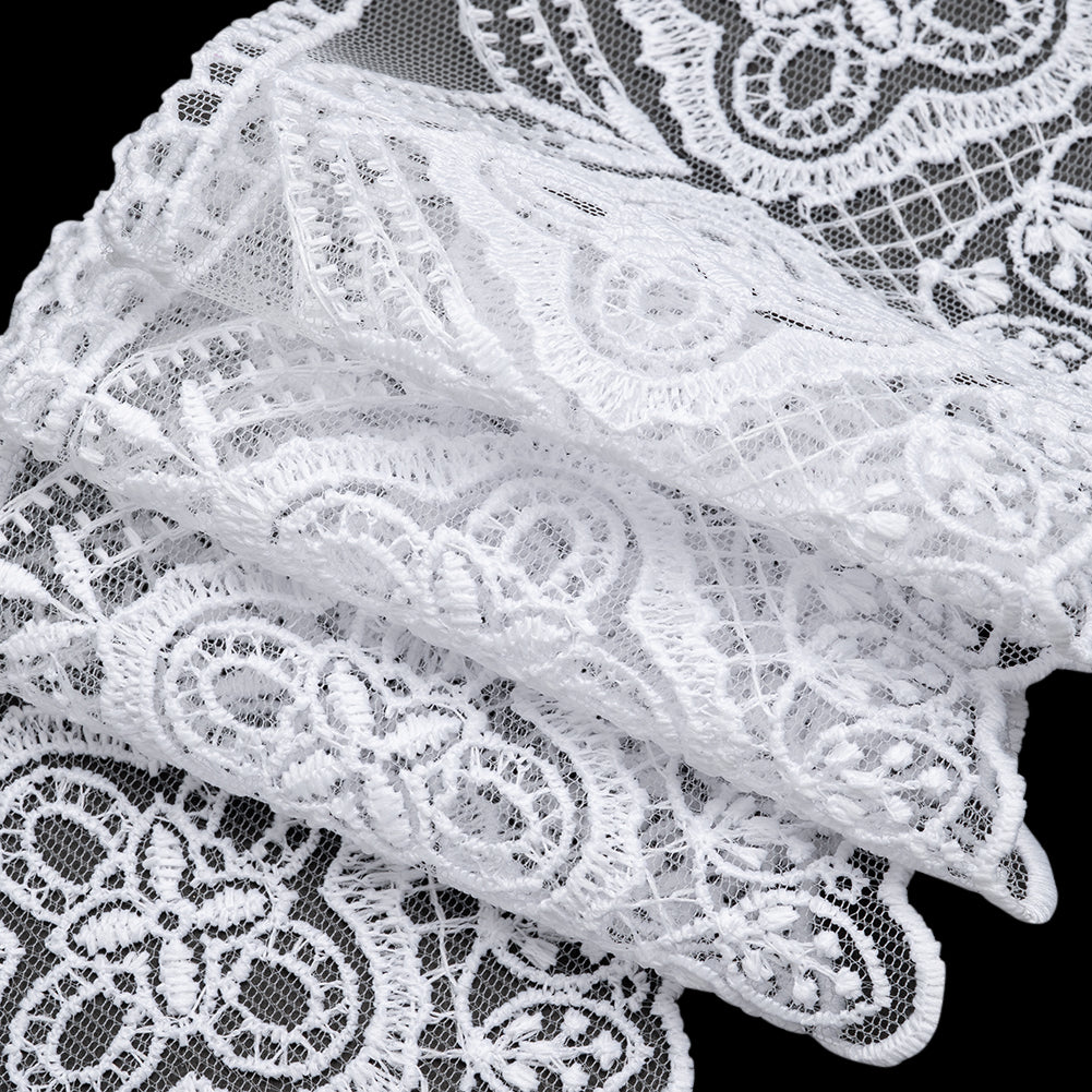 Embroidered Lace Tulle Trim with Scalloped Edges - 3.875" - White Quatrefoil Floral - Detail Embroidered Lace Tulle Trim with Scalloped Edges - 3.875" - White Quatrefoil Floral - Detail