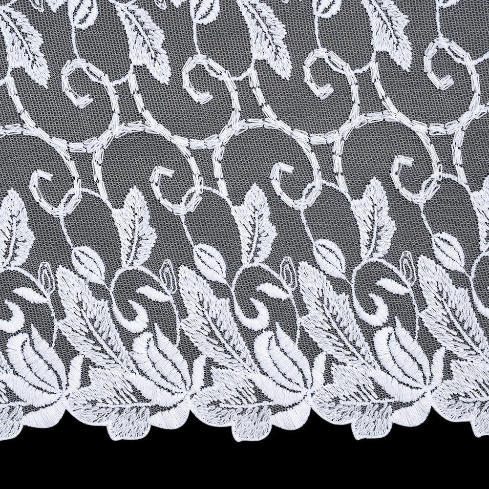 Wide Embroidered Lace Tulle Trim with Scalloped Edges - 9.375" - White Leaves and Vines - Folded Wide Embroidered Lace Tulle Trim with Scalloped Edges - 9.375" - White Leaves and Vines - Folded