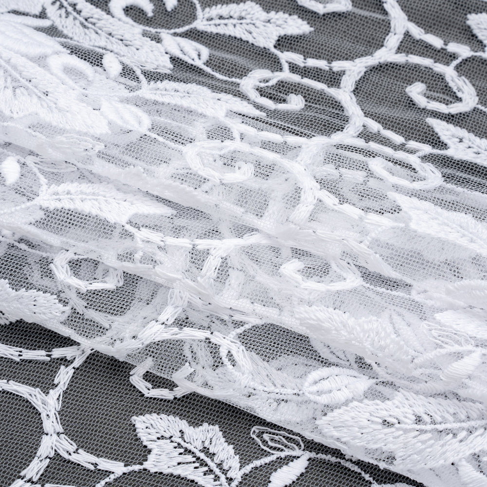 Wide Embroidered Lace Tulle Trim with Scalloped Edges - 9.375" - White Leaves and Vines - Detail Wide Embroidered Lace Tulle Trim with Scalloped Edges - 9.375" - White Leaves and Vines - Detail