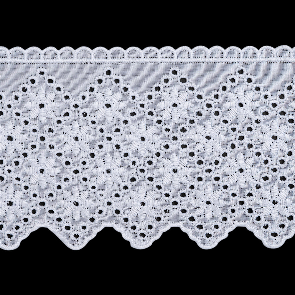 Cotton and Polyester Embroidered Eyelet Lace Trim with Scalloped Edges - 3.25" - White Flowers in Diamond Lattice - Folded Cotton and Polyester Embroidered Eyelet Lace Trim with Scalloped Edges - 3.25" - White Flowers in Diamond Lattice - Folded