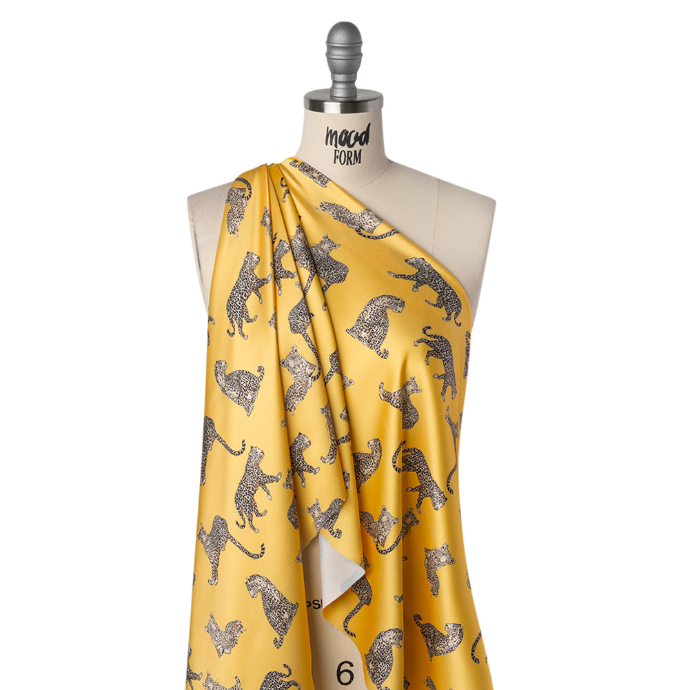 Stretch Recycled Polyester Charmeuse Print by Max Alexander - Sun Yellow and Beige Prowling Cheetahs Drape Stretch Recycled Polyester Charmeuse Print by Max Alexander - Sun Yellow and Beige Prowling Cheetahs Drape