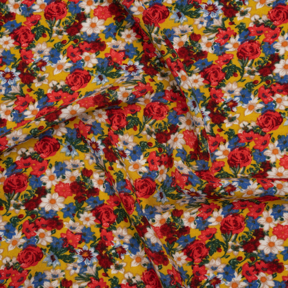 Rayon Challis Print - Red, Yellow and Blue Vintage Floral - Deadstock Rayon Challis Print - Red, Yellow and Blue Vintage Floral - Deadstock