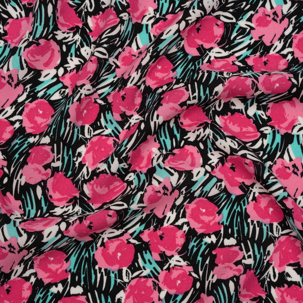 Rayon Challis Print - Pink, Black and Mint Green Abstracted Floral - Deadstock Rayon Challis Print - Pink, Black and Mint Green Abstracted Floral - Deadstock