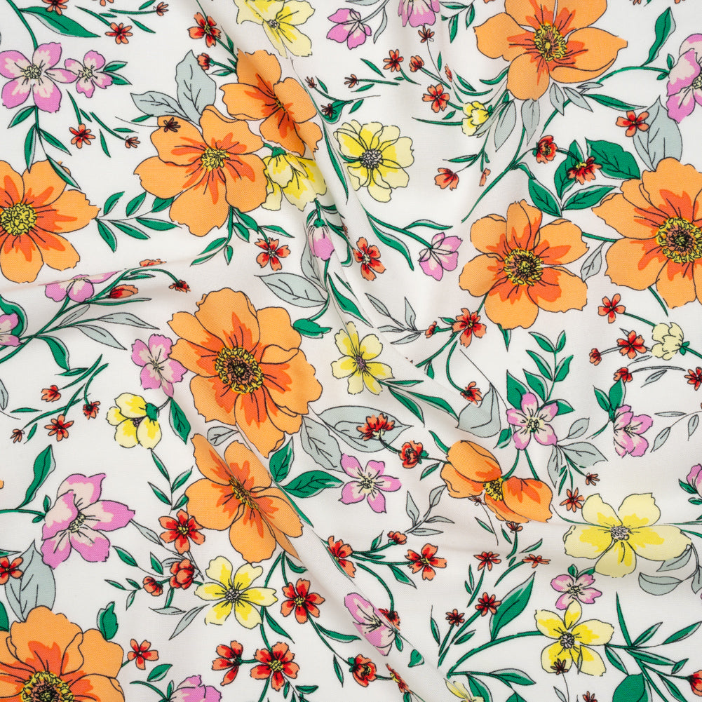 Rayon Challis Print - Creamsicle Orange, Yellow and Orchid Pink Floral - Deadstock Rayon Challis Print - Creamsicle Orange, Yellow and Orchid Pink Floral - Deadstock