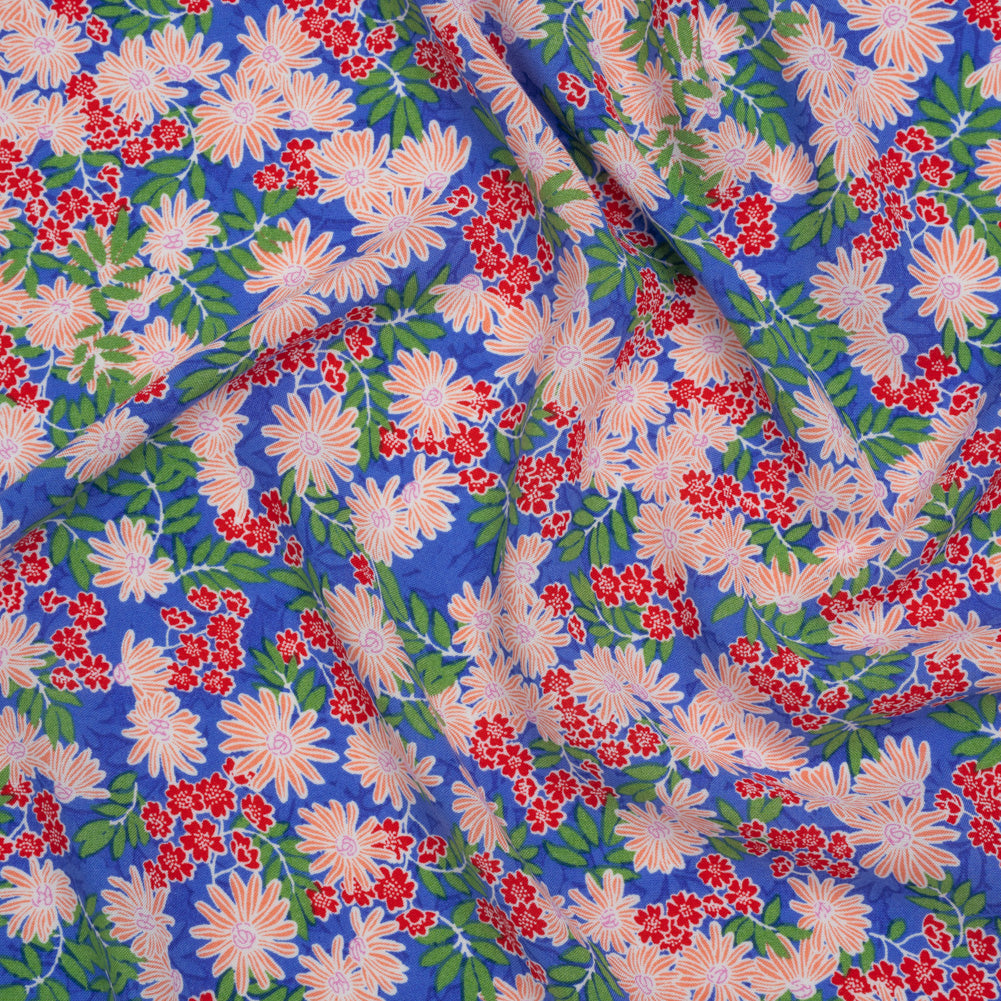 Rayon Challis Print - Azure Blue, Chili Red and Green Tropical Floral - Deadstock Rayon Challis Print - Azure Blue, Chili Red and Green Tropical Floral - Deadstock