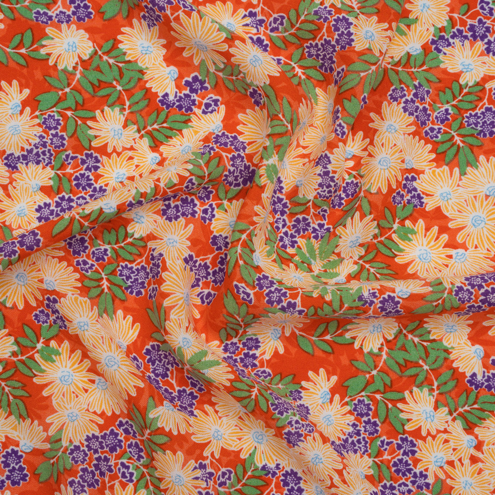 Rayon Challis Print - Saffron Orange, Purple and Green Tropical Floral - Deadstock Rayon Challis Print - Saffron Orange, Purple and Green Tropical Floral - Deadstock
