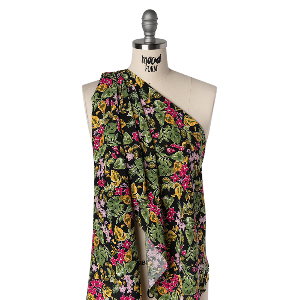 Rayon Challis Print - Black, Ruby Pink and Moss Green Watercolor Floral - Deadstock - Drape Rayon Challis Print - Black, Ruby Pink and Moss Green Watercolor Floral - Deadstock - Drape