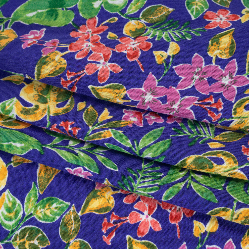 Rayon Challis Print - Royal Blue, Fuschia Purple and Green Watercolor Floral - Deadstock - Folded Rayon Challis Print - Royal Blue, Fuschia Purple and Green Watercolor Floral - Deadstock - Folded