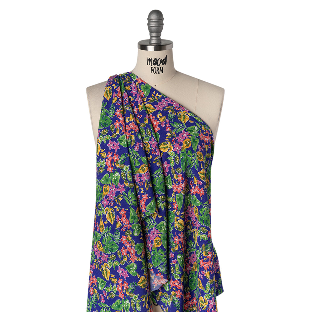 Rayon Challis Print - Royal Blue, Fuschia Purple and Green Watercolor Floral - Deadstock - Drape Rayon Challis Print - Royal Blue, Fuschia Purple and Green Watercolor Floral - Deadstock - Drape