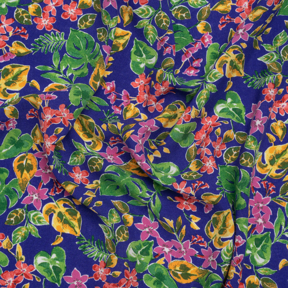 Rayon Challis Print - Royal Blue, Fuschia Purple and Green Watercolor Floral - Deadstock Rayon Challis Print - Royal Blue, Fuschia Purple and Green Watercolor Floral - Deadstock