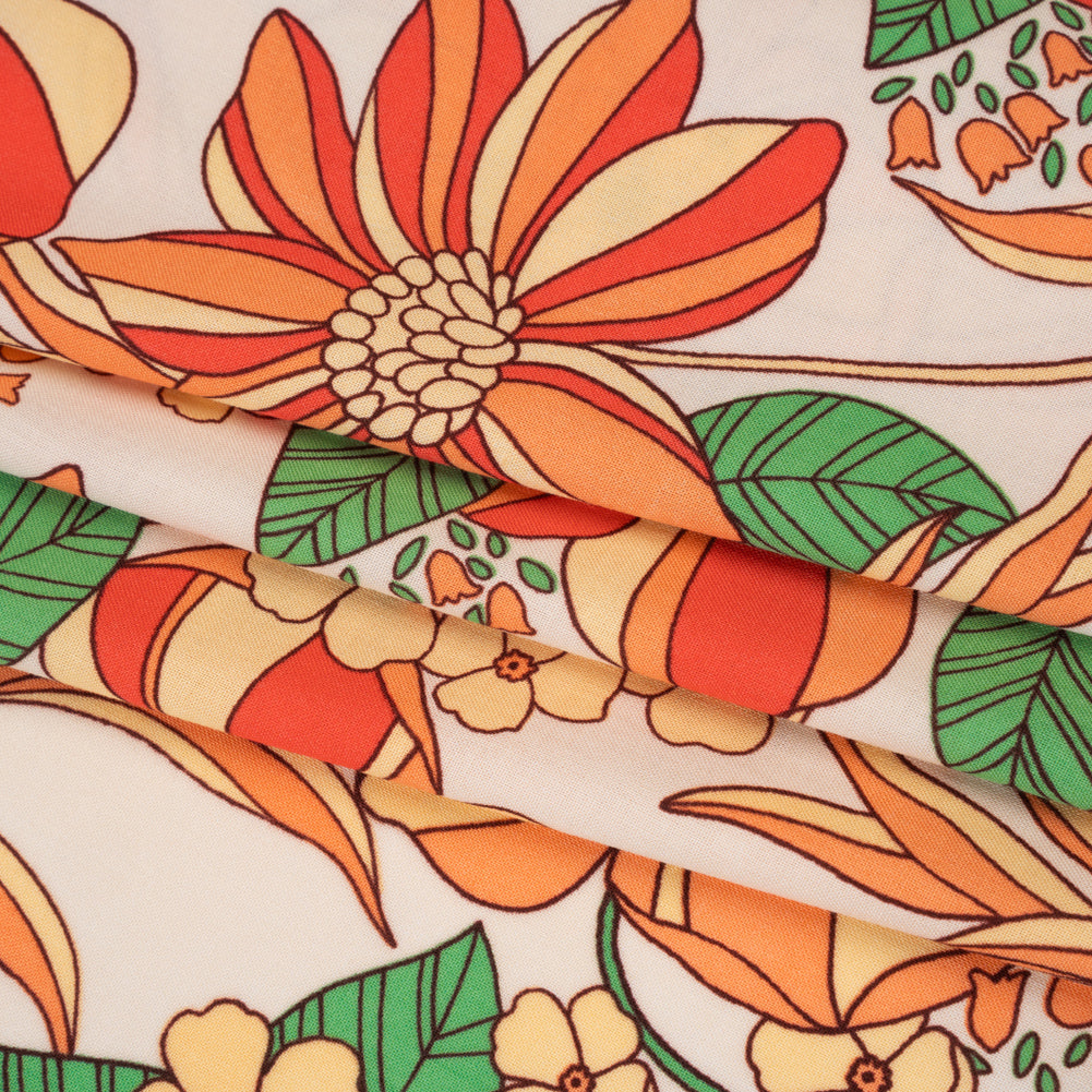 Rayon Challis Print - Peachy Orange, Mellow Yellow and Green Graphic Floral - Deadstock - Folded Rayon Challis Print - Peachy Orange, Mellow Yellow and Green Graphic Floral - Deadstock - Folded