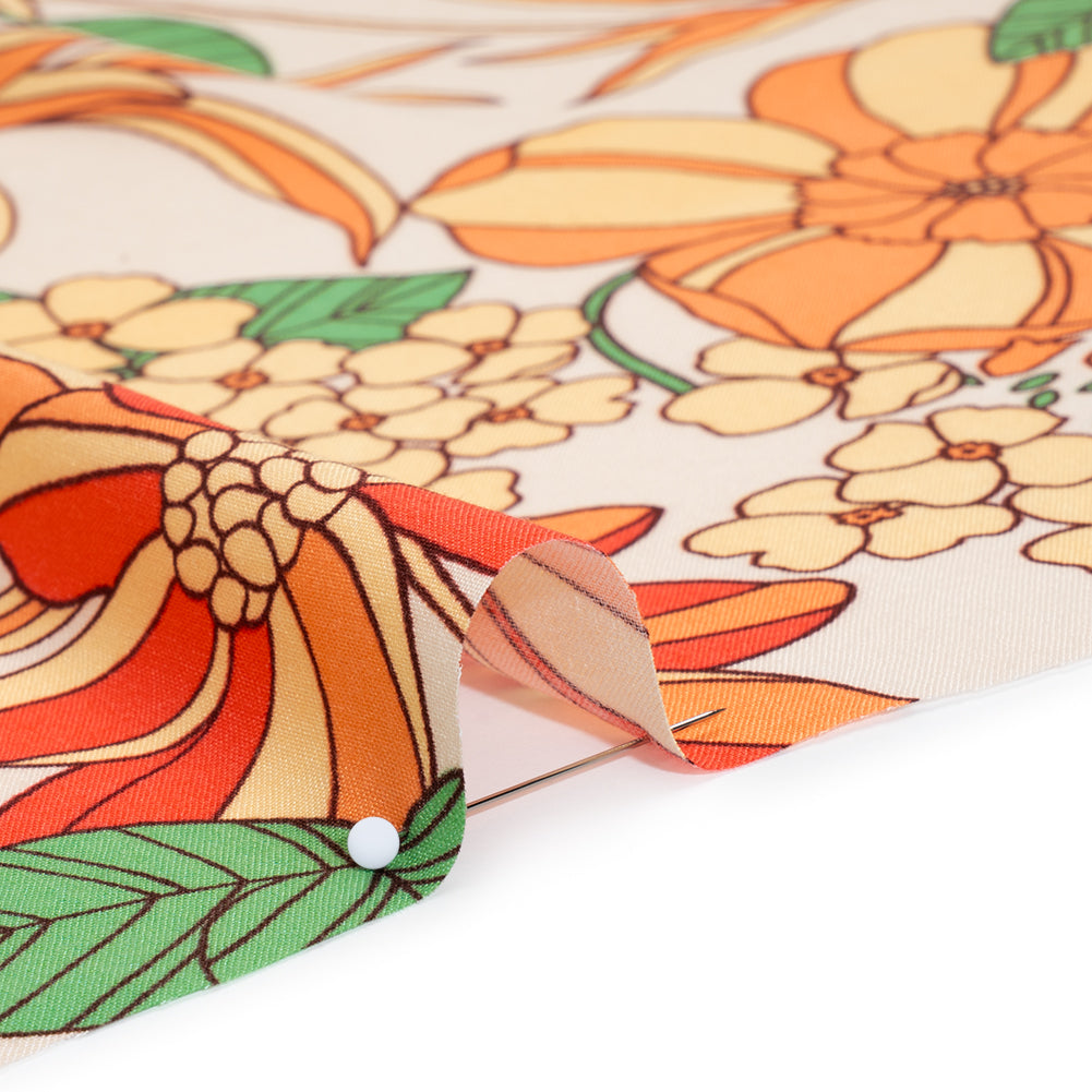 Rayon Challis Print - Peachy Orange, Mellow Yellow and Green Graphic Floral - Deadstock - Detail Rayon Challis Print - Peachy Orange, Mellow Yellow and Green Graphic Floral - Deadstock - Detail