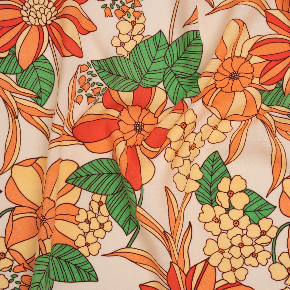 Rayon Challis Print - Peachy Orange, Mellow Yellow and Green Graphic Floral - Deadstock Rayon Challis Print - Peachy Orange, Mellow Yellow and Green Graphic Floral - Deadstock