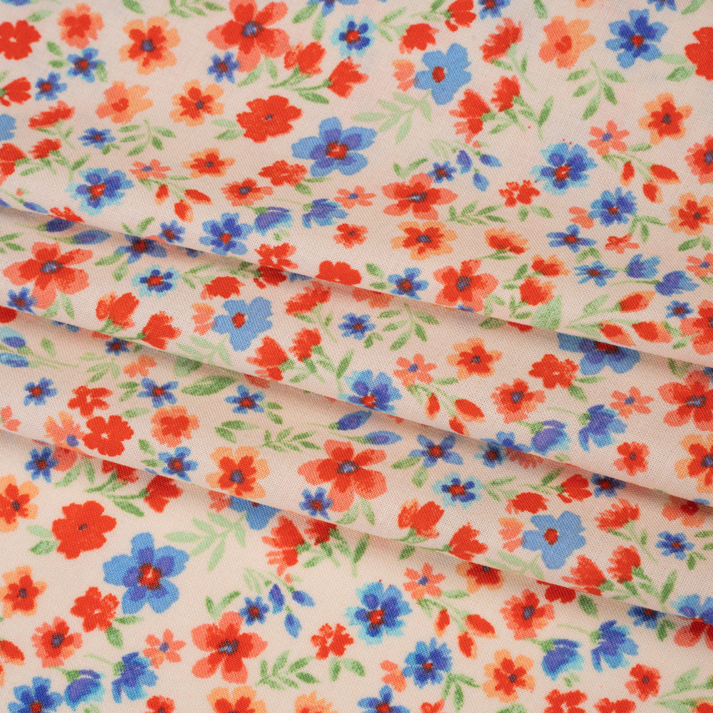 Rayon Challis Print - Vivid Red and Country Blue Floral - Deadstock - Folded Rayon Challis Print - Vivid Red and Country Blue Floral - Deadstock - Folded