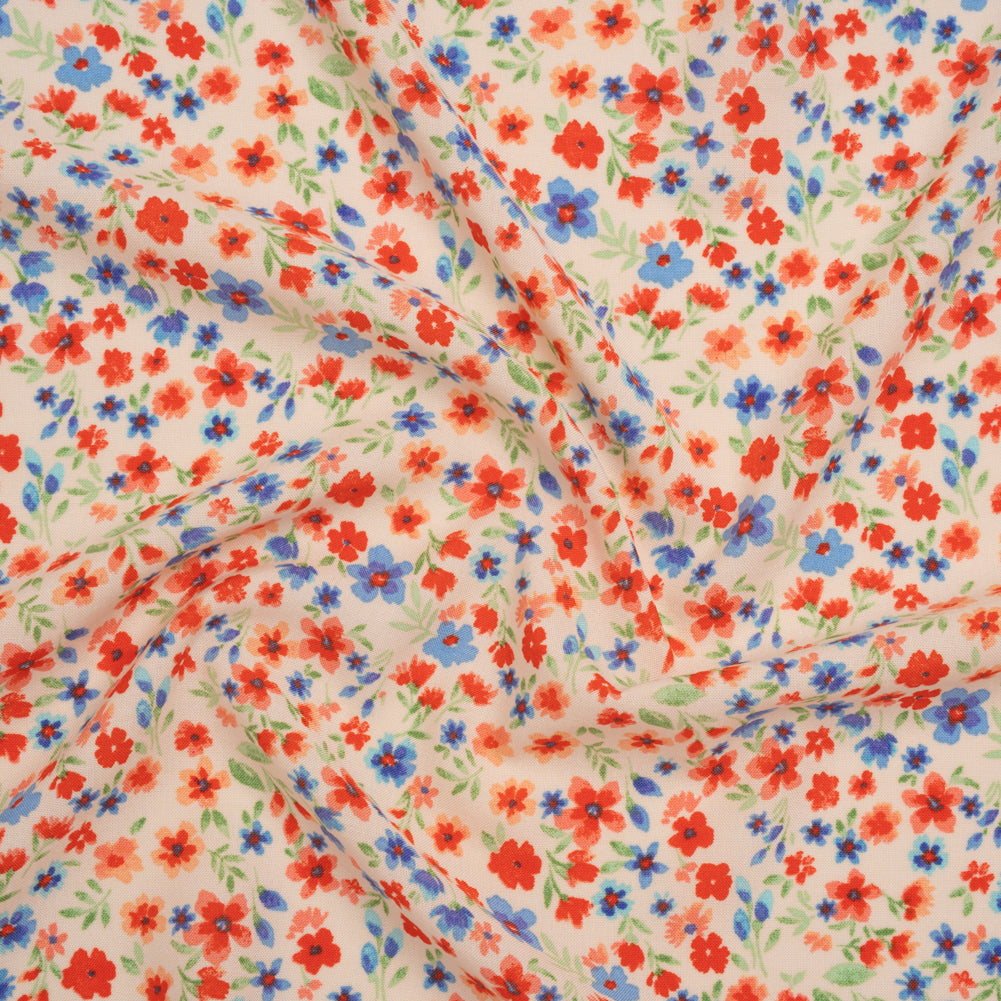 Rayon Challis Print - Vivid Red and Country Blue Floral - Deadstock Rayon Challis Print - Vivid Red and Country Blue Floral - Deadstock