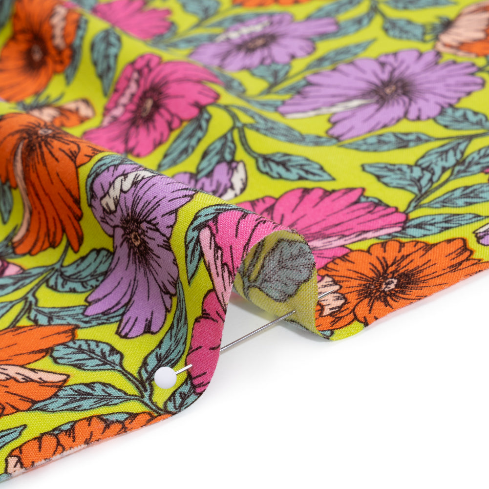 Rayon Challis Print - Mauve Purple, Burnt Orange and Lime Green Floral - Deadstock - Detail Rayon Challis Print - Mauve Purple, Burnt Orange and Lime Green Floral - Deadstock - Detail