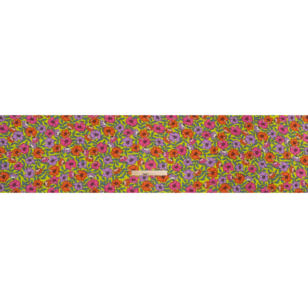 Rayon Challis Print - Mauve Purple, Burnt Orange and Lime Green Floral - Deadstock - Full Rayon Challis Print - Mauve Purple, Burnt Orange and Lime Green Floral - Deadstock - Full