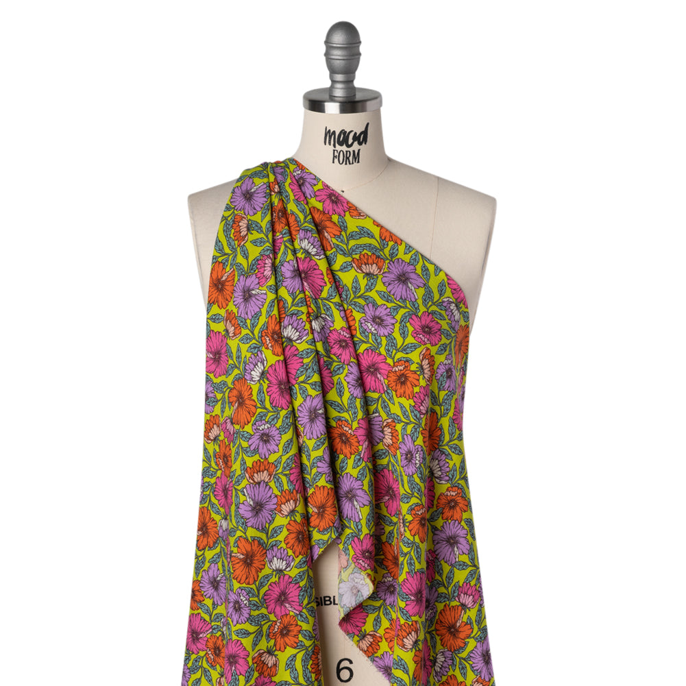 Rayon Challis Print - Mauve Purple, Burnt Orange and Lime Green Floral - Deadstock - Drape Rayon Challis Print - Mauve Purple, Burnt Orange and Lime Green Floral - Deadstock - Drape