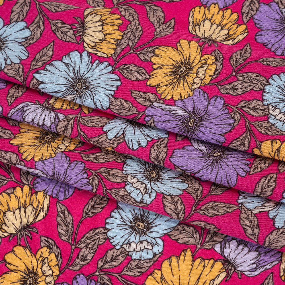 Rayon Challis Print - Mauve Purple, Sky Blue and Creamsicle Orange Floral - Deadstock - Folded Rayon Challis Print - Mauve Purple, Sky Blue and Creamsicle Orange Floral - Deadstock - Folded