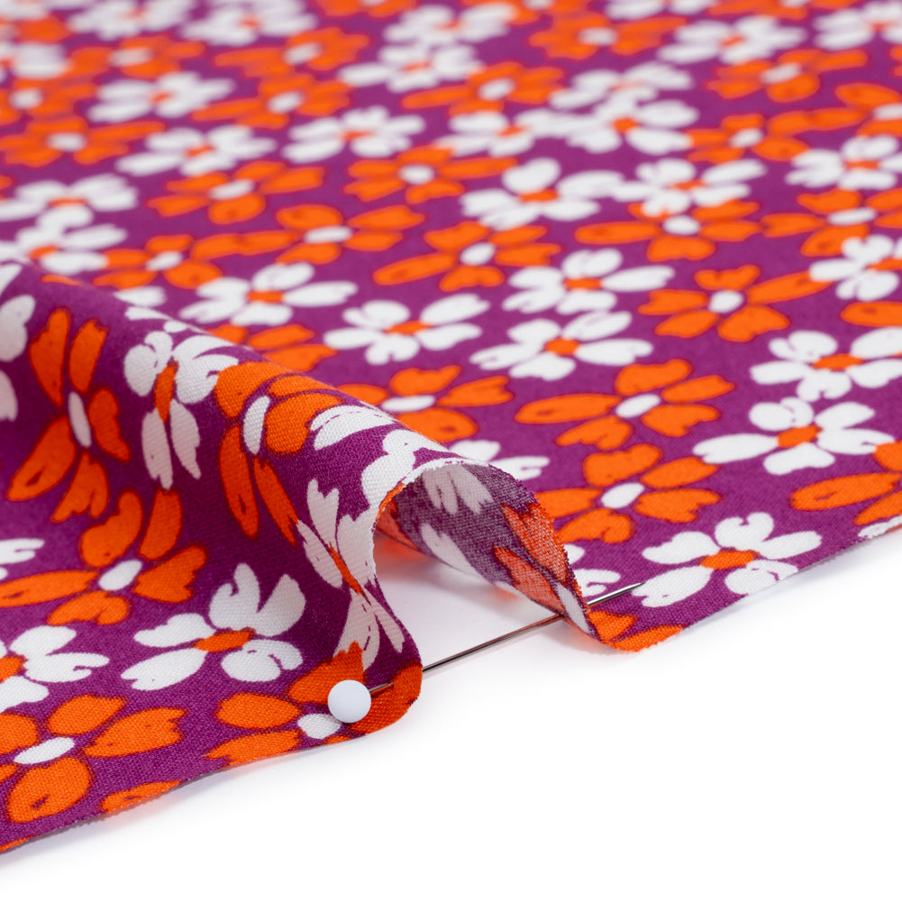 Rayon Challis Print - Tangerine Orange, Burgundy Purple and White Painterly Floral - Deadstock - Detail Rayon Challis Print - Tangerine Orange, Burgundy Purple and White Painterly Floral - Deadstock - Detail